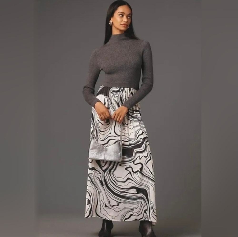 Anthropologie Gray Ribbed Turtleneck with Marble-Print Maxi Skirt